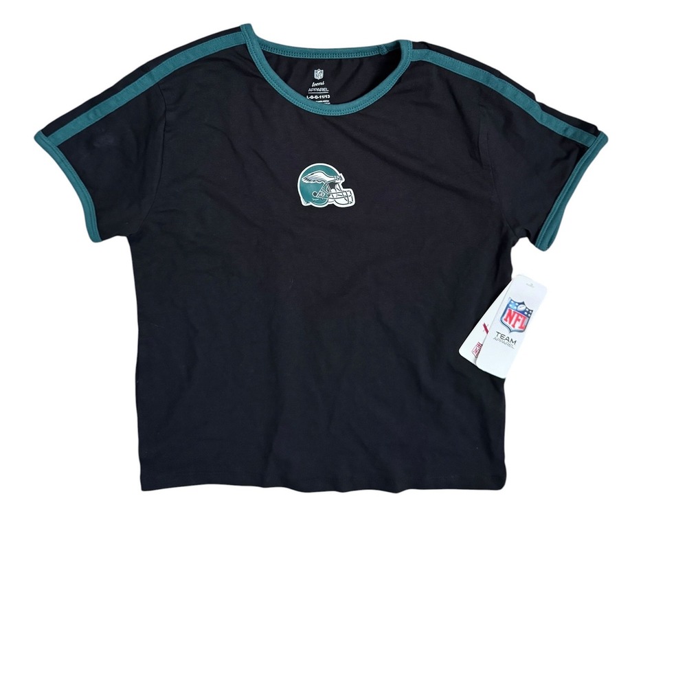 NFL Philadelphia Eagles Juniors Black Teal Stripe Crop Top Tee Size L 11/13 NWT
